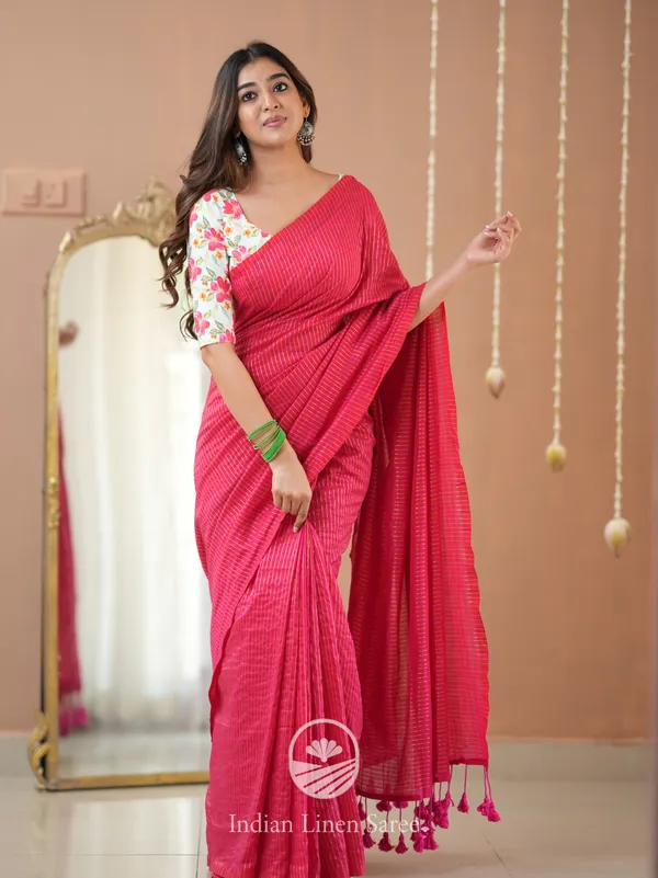 Pink_Stripe_cotton_Saree_designer_Print_Blouse
