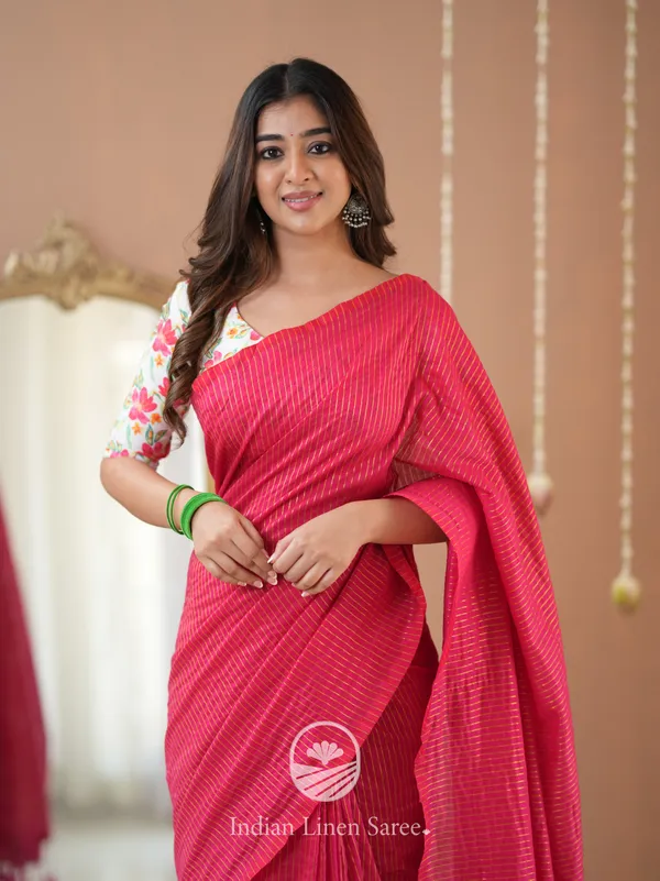 Pink_Stripe_cotton_Saree_designer_Print_Blouse