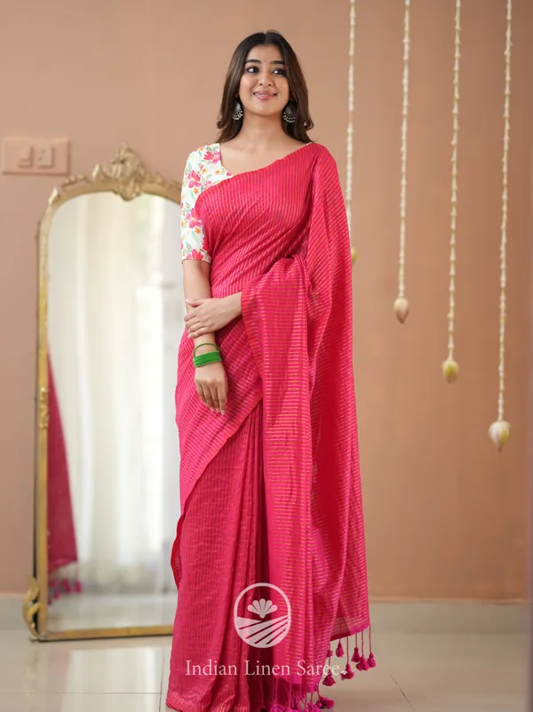Pink_Stripe_cotton_Saree_designer_Print_Blouse