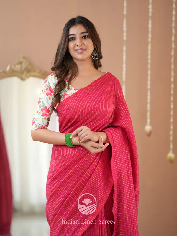 Pink_Stripe_cotton_Saree_designer_Print_Blouse