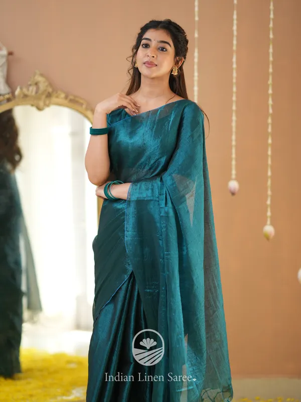 Teal_Green_Handloom_Tissue_Saree_With_Designer_Blouse
