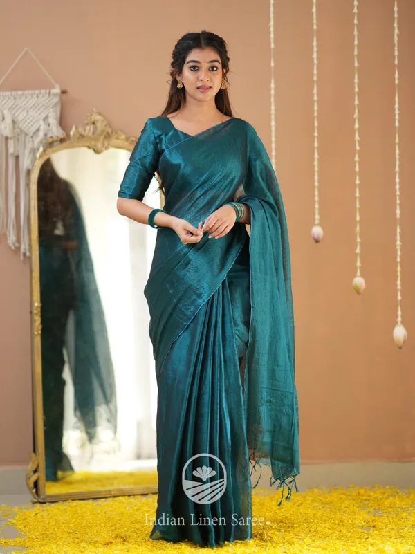 Teal_Green_Handloom_Tissue_Saree_With_Designer_Blouse