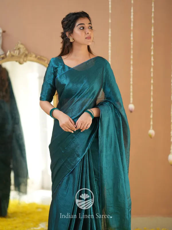 Teal_Green_Handloom_Tissue_Saree_With_Designer_Blouse