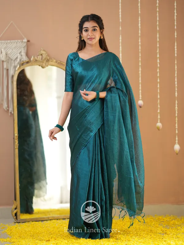 Teal_Green_Handloom_Tissue_Saree_With_Designer_Blouse