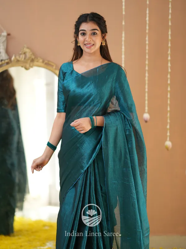 Teal_Green_Handloom_Tissue_Saree_With_Designer_Blouse