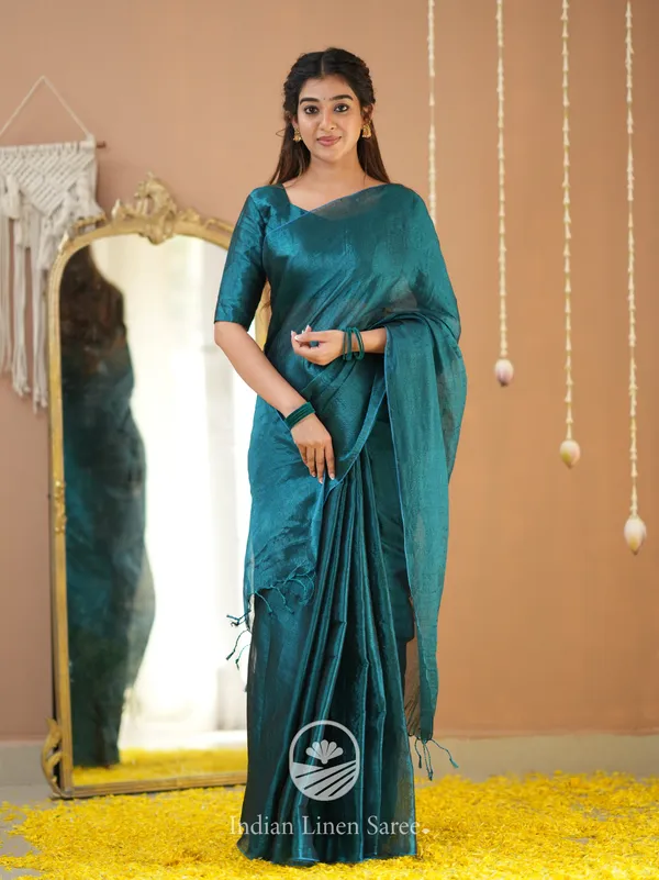 Teal_Green_Handloom_Tissue_Saree_With_Designer_Blouse
