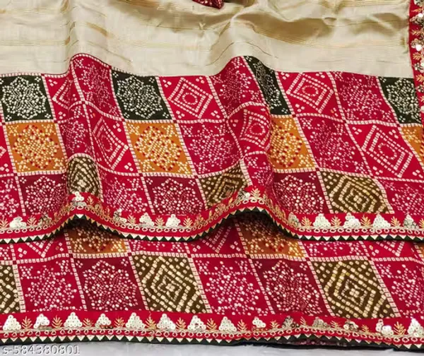 Elegant_Beige_Dola_Silk_Saree_with_Red_Bandhani_Patchwork_Border_�_Festive_Wear--