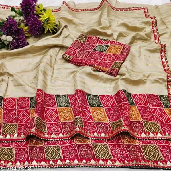Elegant_Beige_Dola_Silk_Saree_with_Red_Bandhani_Patchwork_Border_�_Festive_Wear--
