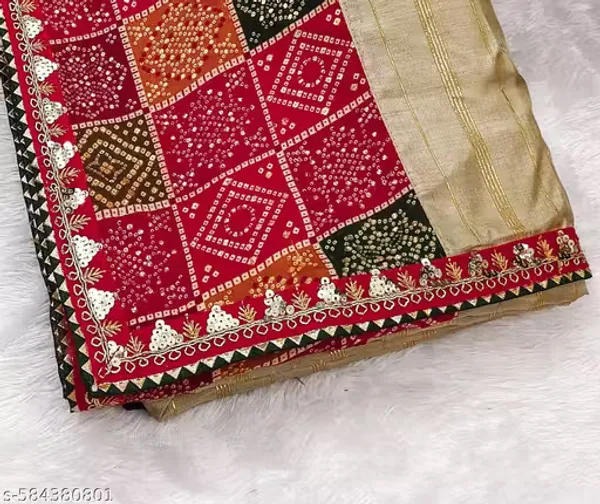 Elegant_Beige_Dola_Silk_Saree_with_Red_Bandhani_Patchwork_Border_�_Festive_Wear--