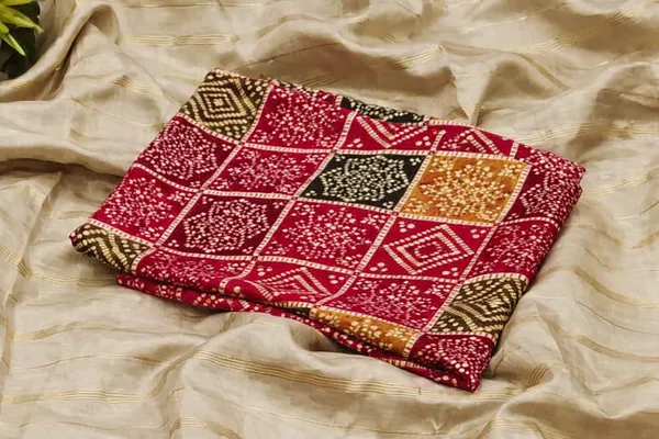 Elegant_Beige_Dola_Silk_Saree_with_Red_Bandhani_Patchwork_Border_�_Festive_Wear--