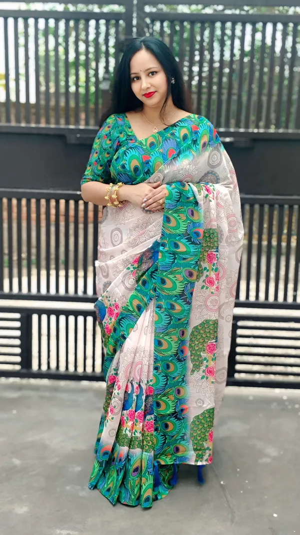 Elegant_White_Linen_Printed_Saree_with_Unstitched_Blouse_Piece