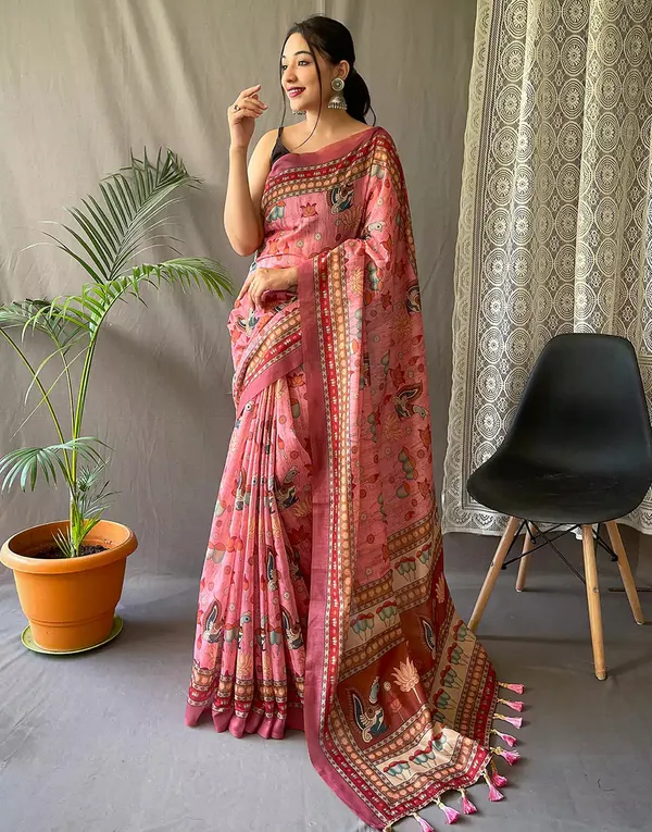 Peach_Colour_Linen_Saree_(With_Unstitched_Blouse_Piece)_(For_Women)