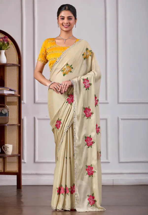 Elegant_Beige_Mirror_Work_Saree_for_Women_|_Floral_Embroidered_Rangoli_Party_Wear