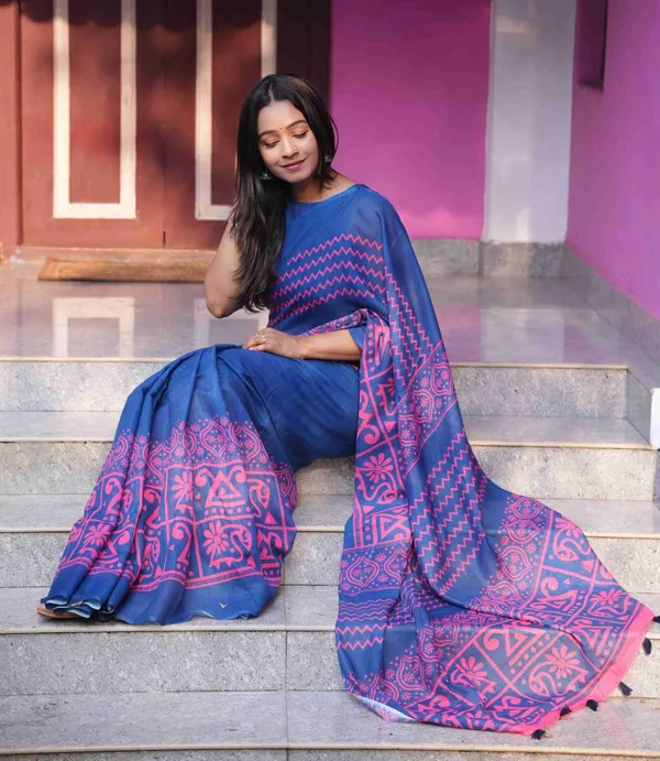 Blue-Pink_Colour_Linen_Saree_(With_Unstitched_Blouse_Piece)_(For_Women)