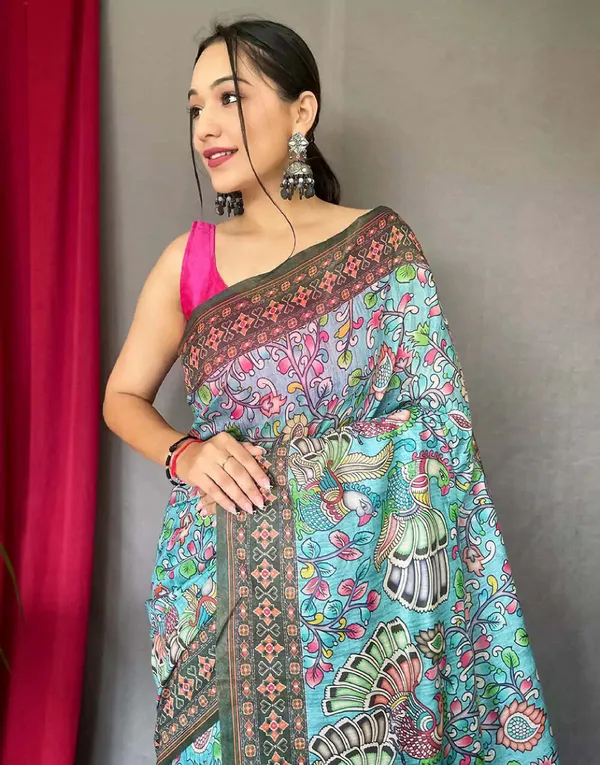 Sky_Blue_Colour_Linen_Saree_(With_Unstitched_Blouse_Piece)_(For_Women)