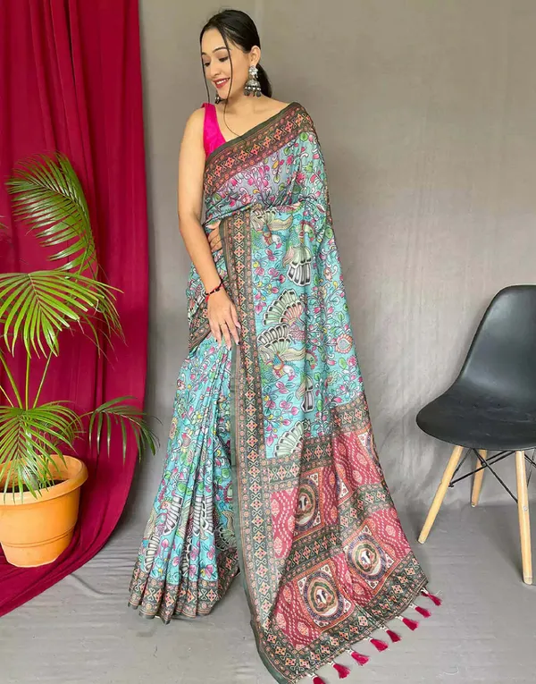 Sky_Blue_Colour_Linen_Saree_(With_Unstitched_Blouse_Piece)_(For_Women)