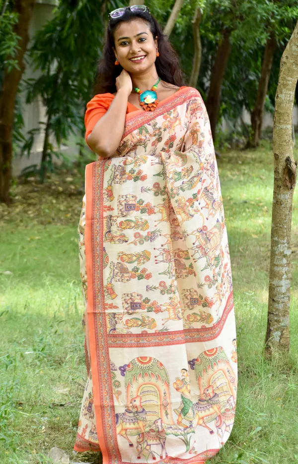 Orange_colour_Linen_Saree_(With_Unstitched_Blouse_Piece)_(For_Women)