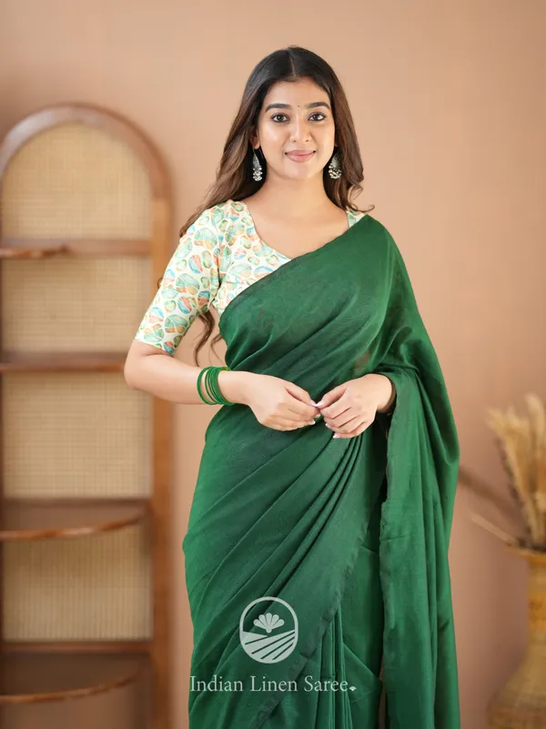 Indian_Linen_Saree_Green_Handloom_Cotton_Saree_With_Designer_Blouse