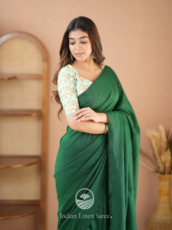 Indian_Linen_Saree_Green_Handloom_Cotton_Saree_With_Designer_Blouse