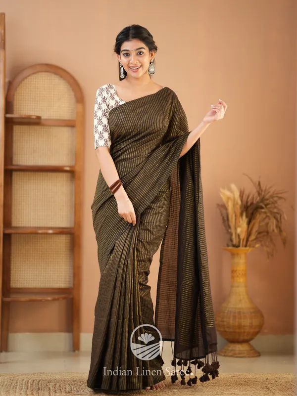 Brown_Stripe_cotton_Saree_designer_Print_Blouse