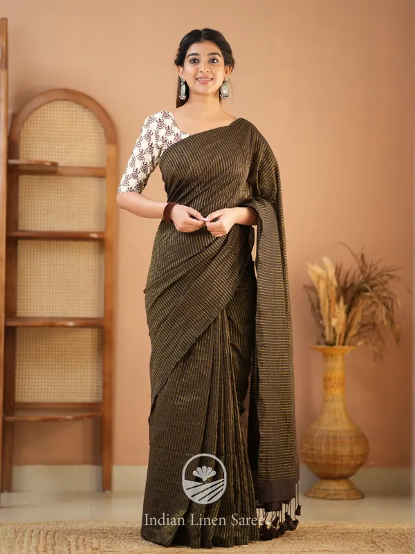 Brown_Stripe_cotton_Saree_designer_Print_Blouse