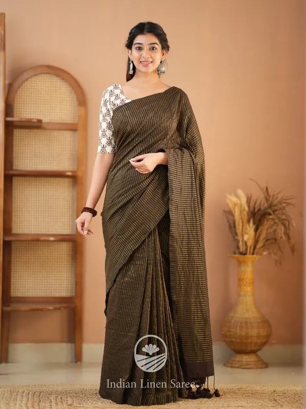 Brown_Stripe_cotton_Saree_designer_Print_Blouse