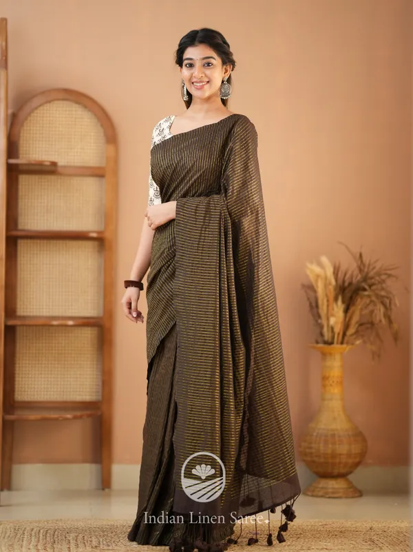 Brown_Stripe_cotton_Saree_designer_Print_Blouse