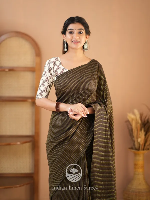 Brown_Stripe_cotton_Saree_designer_Print_Blouse