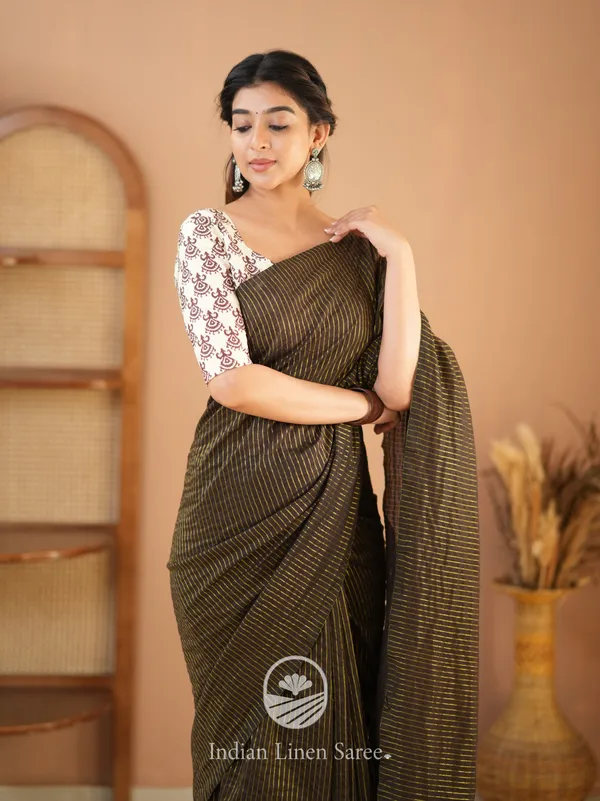 Brown_Stripe_cotton_Saree_designer_Print_Blouse