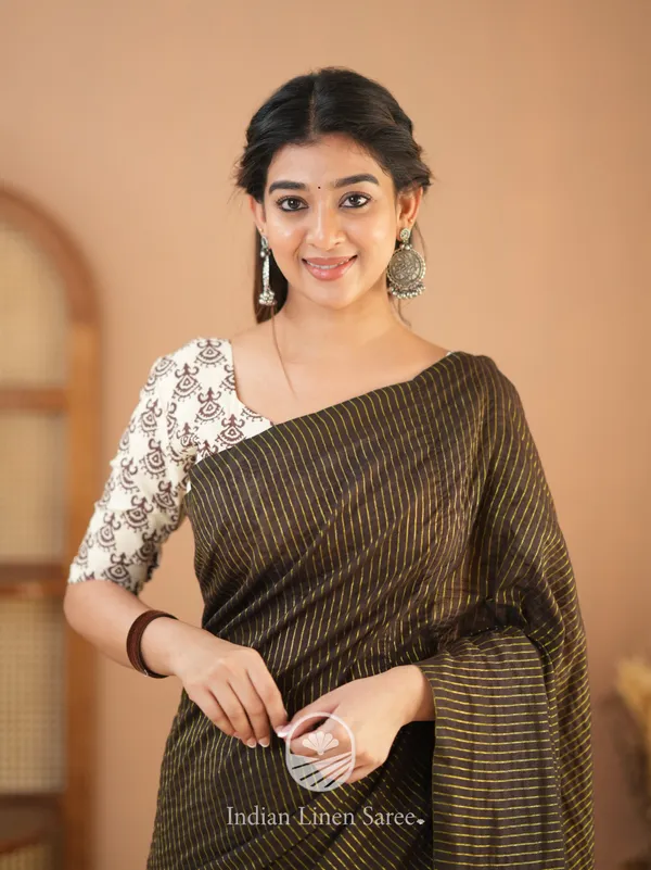 Brown_Stripe_cotton_Saree_designer_Print_Blouse
