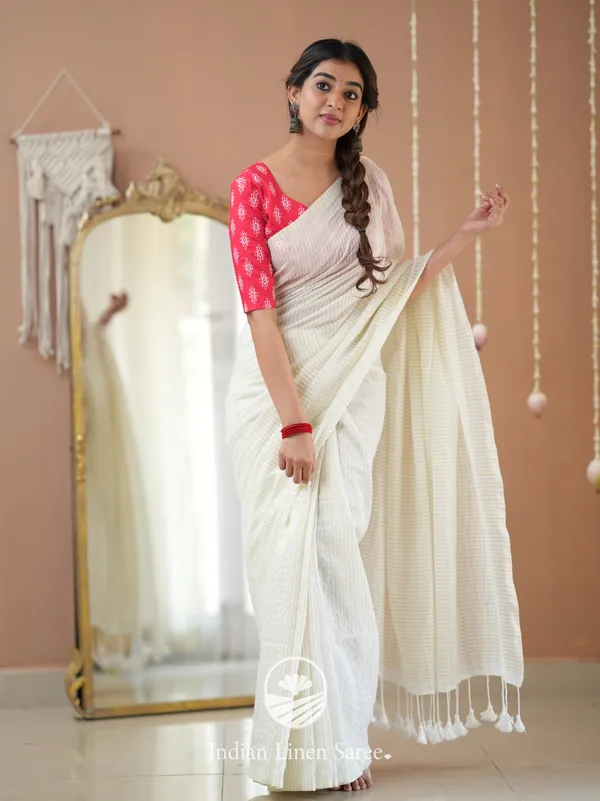 White_Stripe_cotton_Saree_designer_Print_Blouse