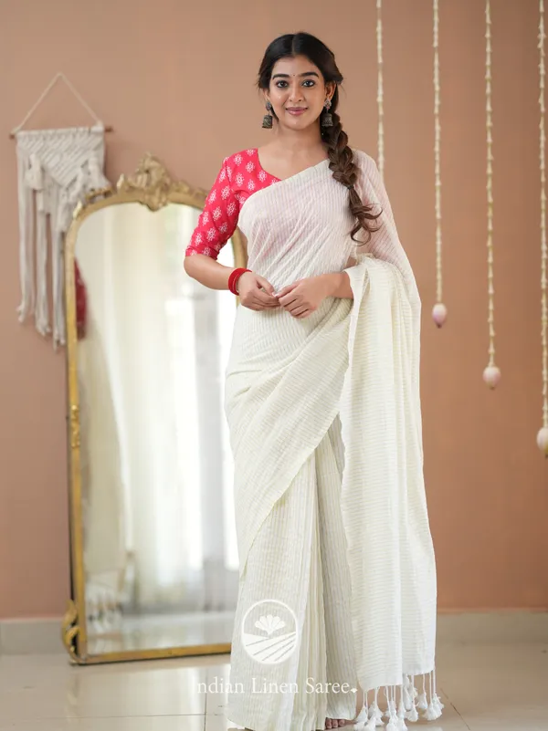 White_Stripe_cotton_Saree_designer_Print_Blouse