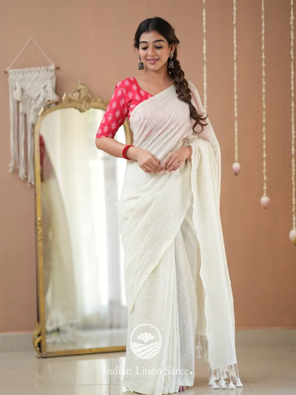 White_Stripe_cotton_Saree_designer_Print_Blouse