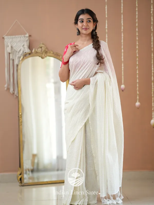 White_Stripe_cotton_Saree_designer_Print_Blouse