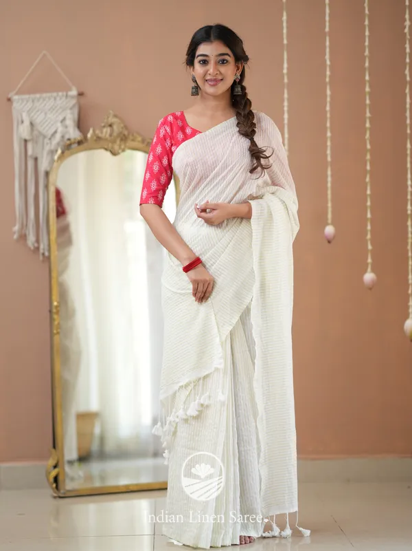 White_Stripe_cotton_Saree_designer_Print_Blouse