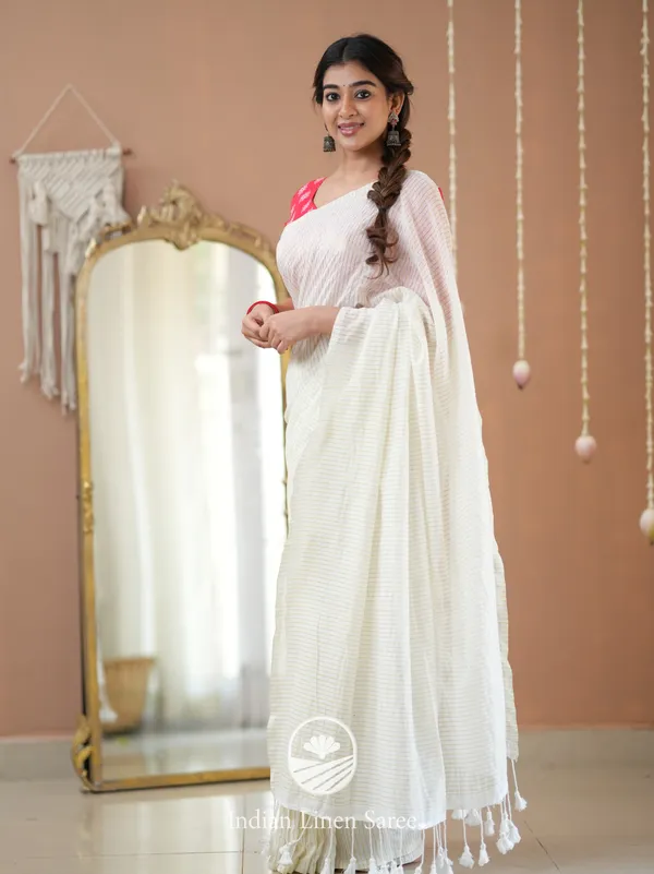 White_Stripe_cotton_Saree_designer_Print_Blouse