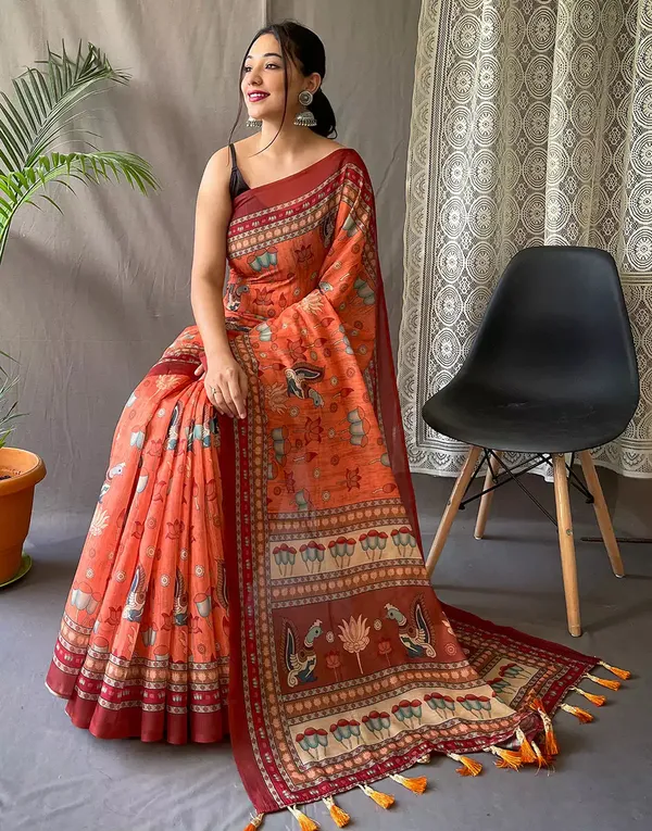Orange_Colour_Linen_Saree_(With_Unstitched_Blouse_Piece)_(For_Women)