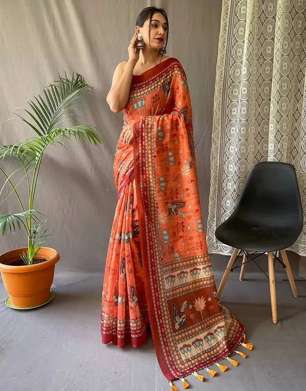 Orange_Colour_Linen_Saree_(With_Unstitched_Blouse_Piece)_(For_Women)