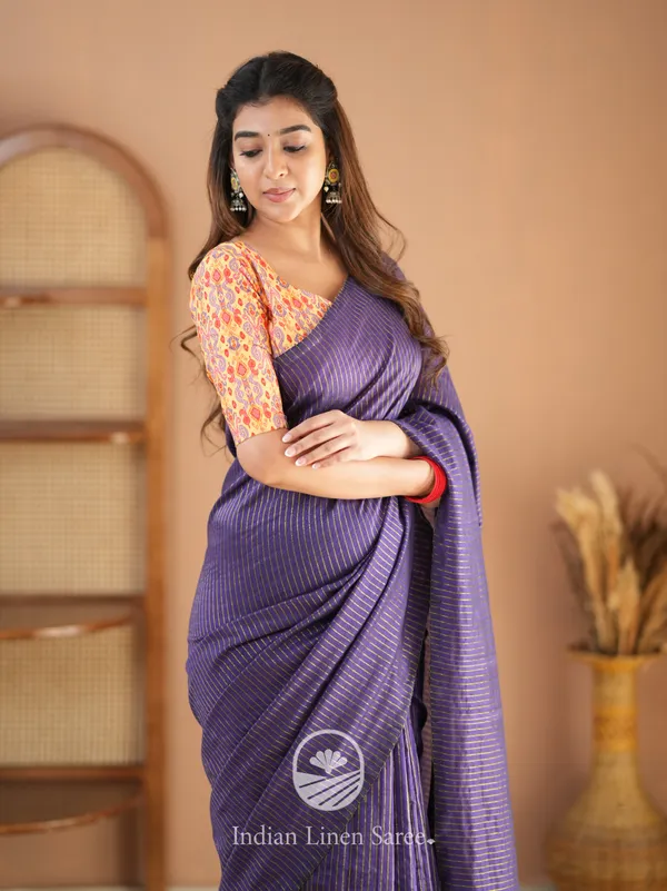 Violet_Stripe_cotton_Saree_designer_Print_Blouse