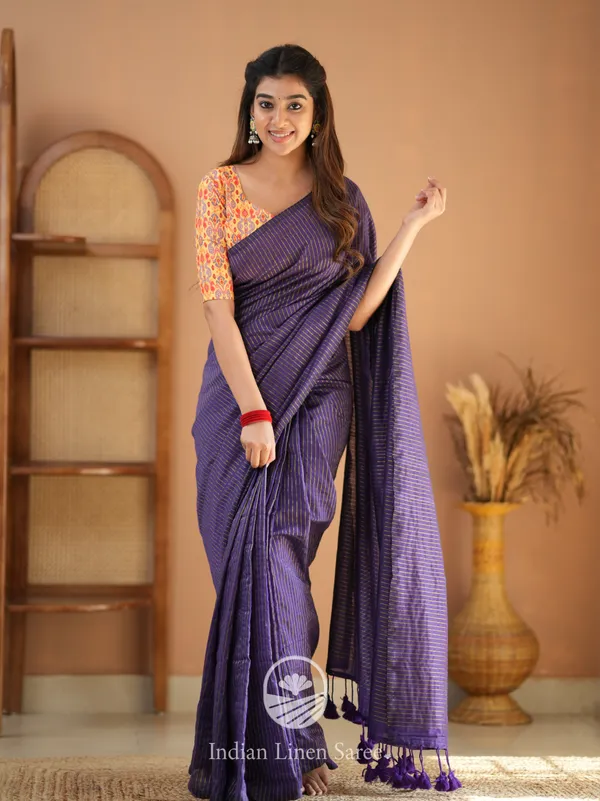 Violet_Stripe_cotton_Saree_designer_Print_Blouse