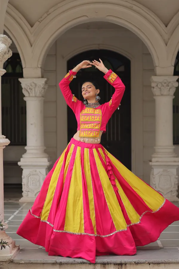 Roman-inspired__Lehenga_featuring_an_attractive_combination_of_mirror_lace_embellished_work,_paired_with_fully_stitched_lehenga_&_blouse_�_a_vibrant_and_eye-catching_choice_for_festive_and_Navratri_looks.