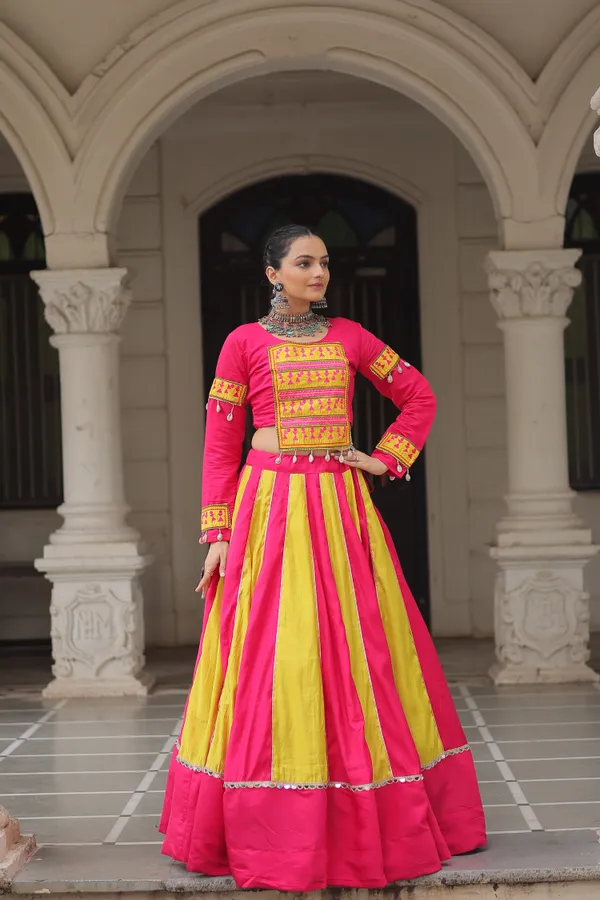 Roman-inspired__Lehenga_featuring_an_attractive_combination_of_mirror_lace_embellished_work,_paired_with_fully_stitched_lehenga_&_blouse_�_a_vibrant_and_eye-catching_choice_for_festive_and_Navratri_looks.
