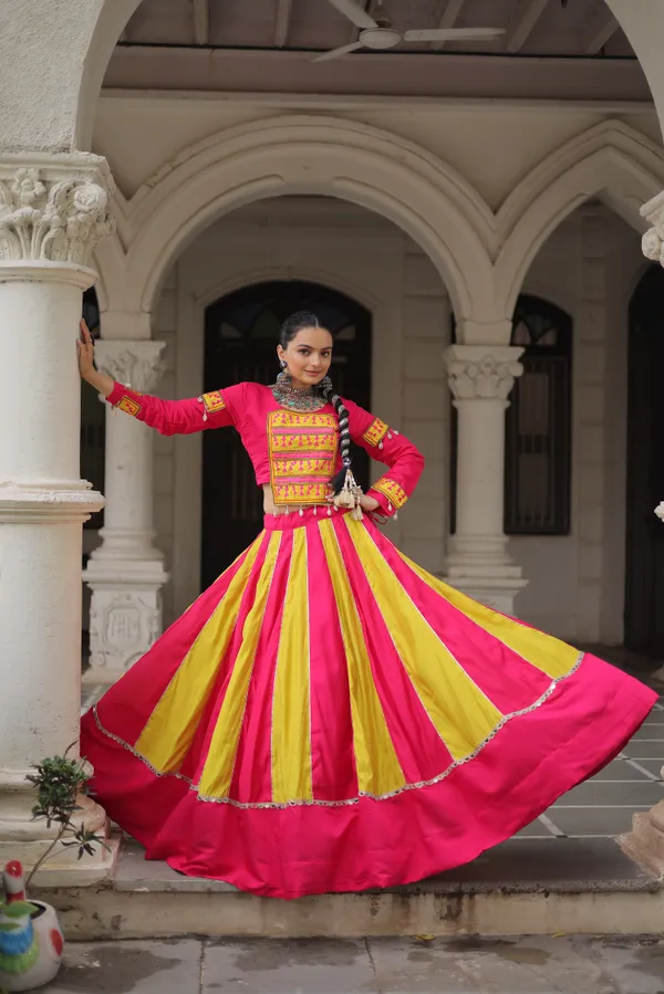 Roman-inspired__Lehenga_featuring_an_attractive_combination_of_mirror_lace_embellished_work,_paired_with_fully_stitched_lehenga_&_blouse_�_a_vibrant_and_eye-catching_choice_for_festive_and_Navratri_looks.
