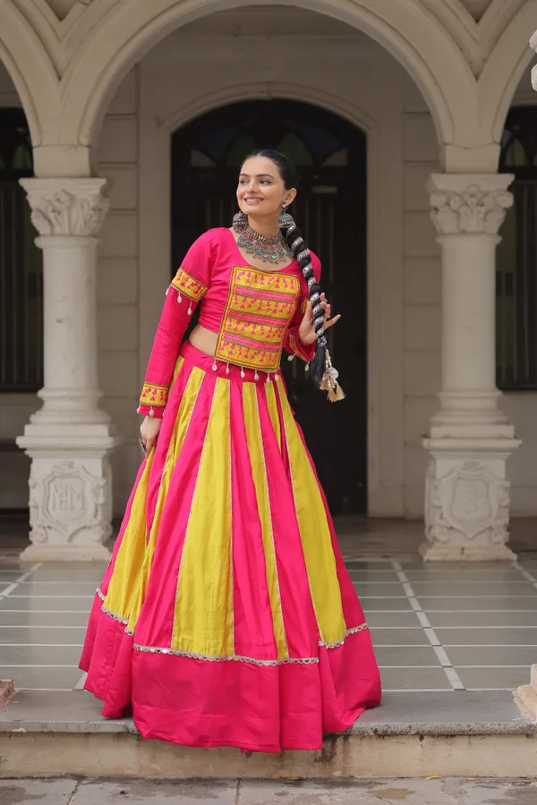 Roman-inspired__Lehenga_featuring_an_attractive_combination_of_mirror_lace_embellished_work,_paired_with_fully_stitched_lehenga_&_blouse_�_a_vibrant_and_eye-catching_choice_for_festive_and_Navratri_looks.