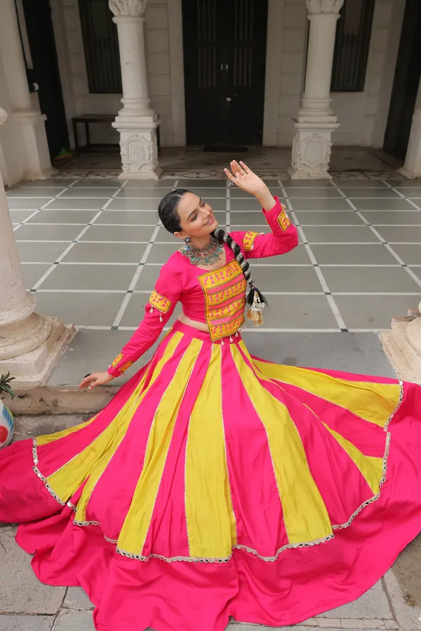 Roman-inspired__Lehenga_featuring_an_attractive_combination_of_mirror_lace_embellished_work,_paired_with_fully_stitched_lehenga_&_blouse_�_a_vibrant_and_eye-catching_choice_for_festive_and_Navratri_looks.