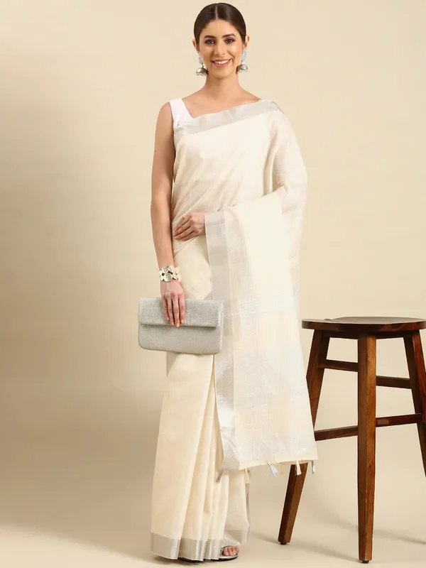 White_Colour_Linen_Saree_(With_Unstitched_Blouse_Piece)_(For_Women)