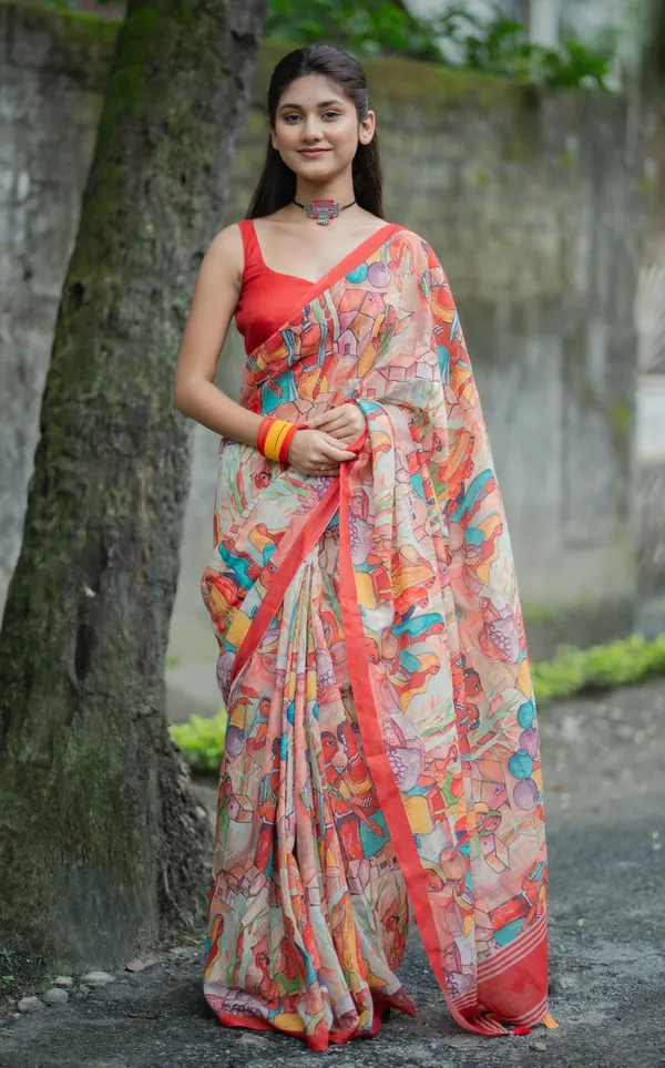 Multi_Red_colour_Linen_Saree_(With_Unstitched_Blouse_Piece)_(For_Women)