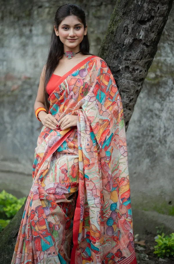 Multi_Red_colour_Linen_Saree_(With_Unstitched_Blouse_Piece)_(For_Women)