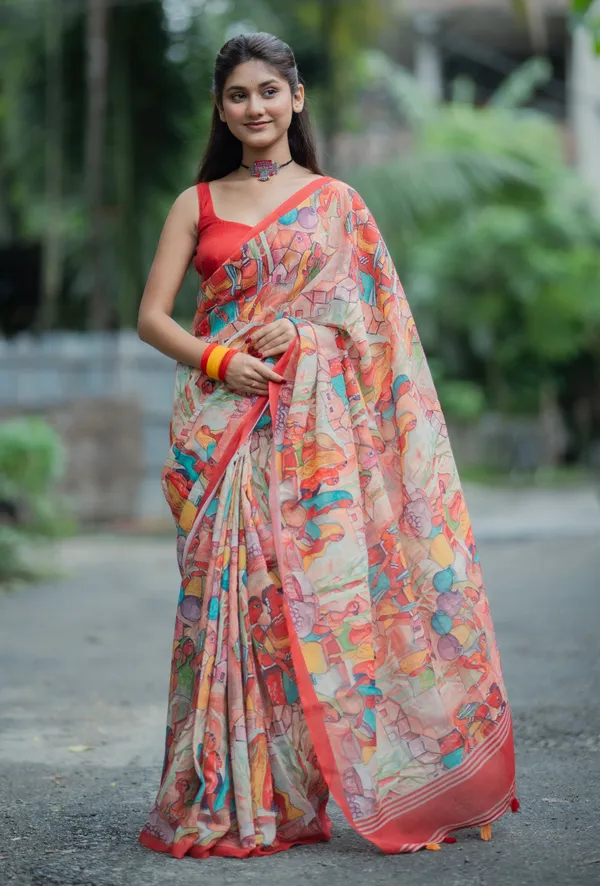 Multi_Red_colour_Linen_Saree_(With_Unstitched_Blouse_Piece)_(For_Women)
