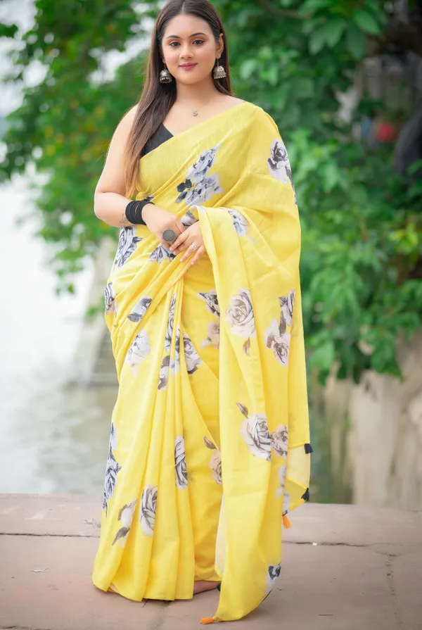 Yellow_Colour_Linen_Saree_(With_Unstitched_Blouse_Piece)_(For_Women)